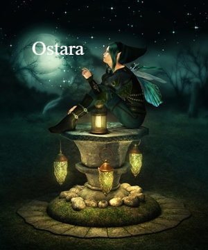 fee sitz umgeben von Laternen auf einem Podest - Ostara