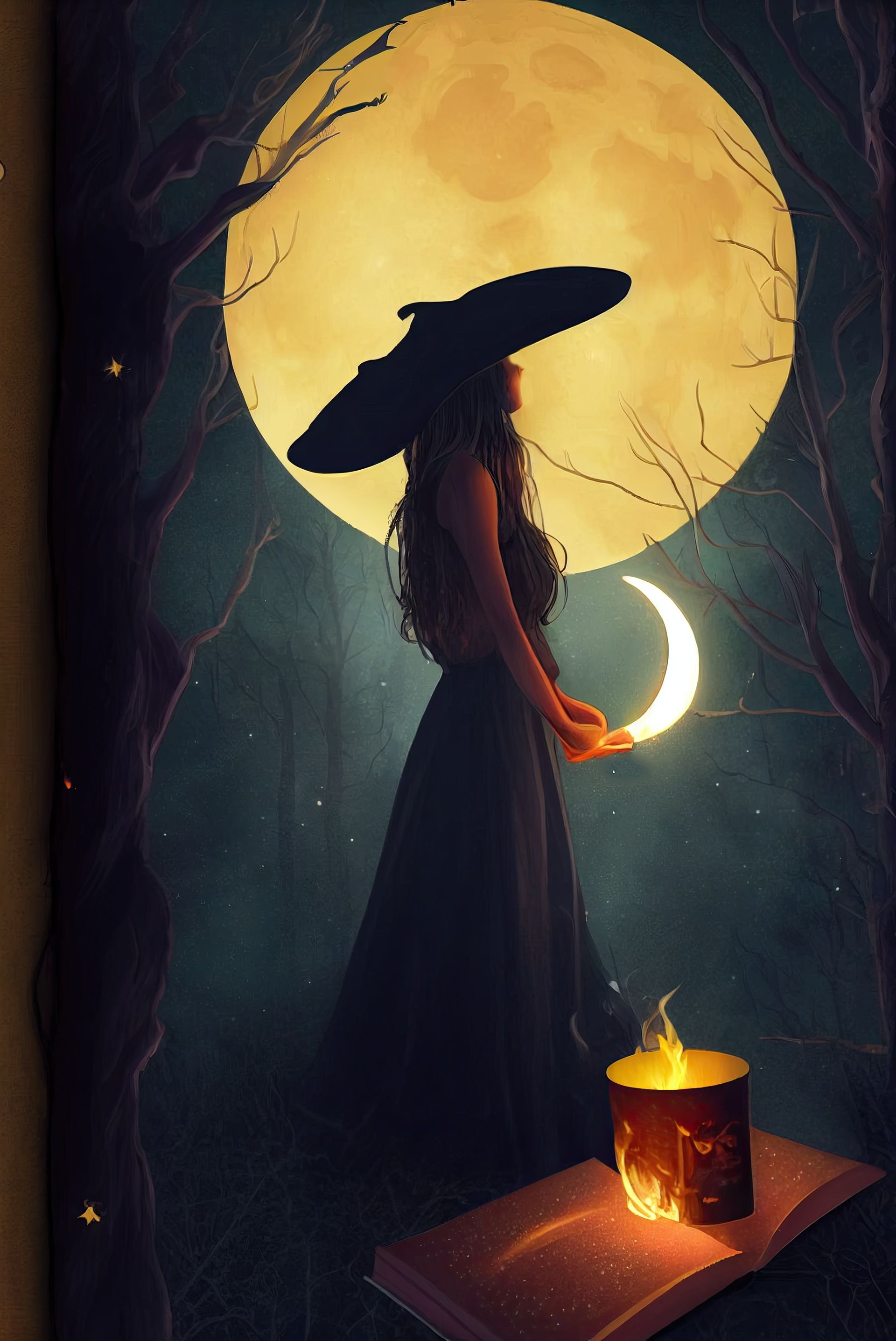 Hexenkurs 2025 Frau vor Vollmond Mondsichel