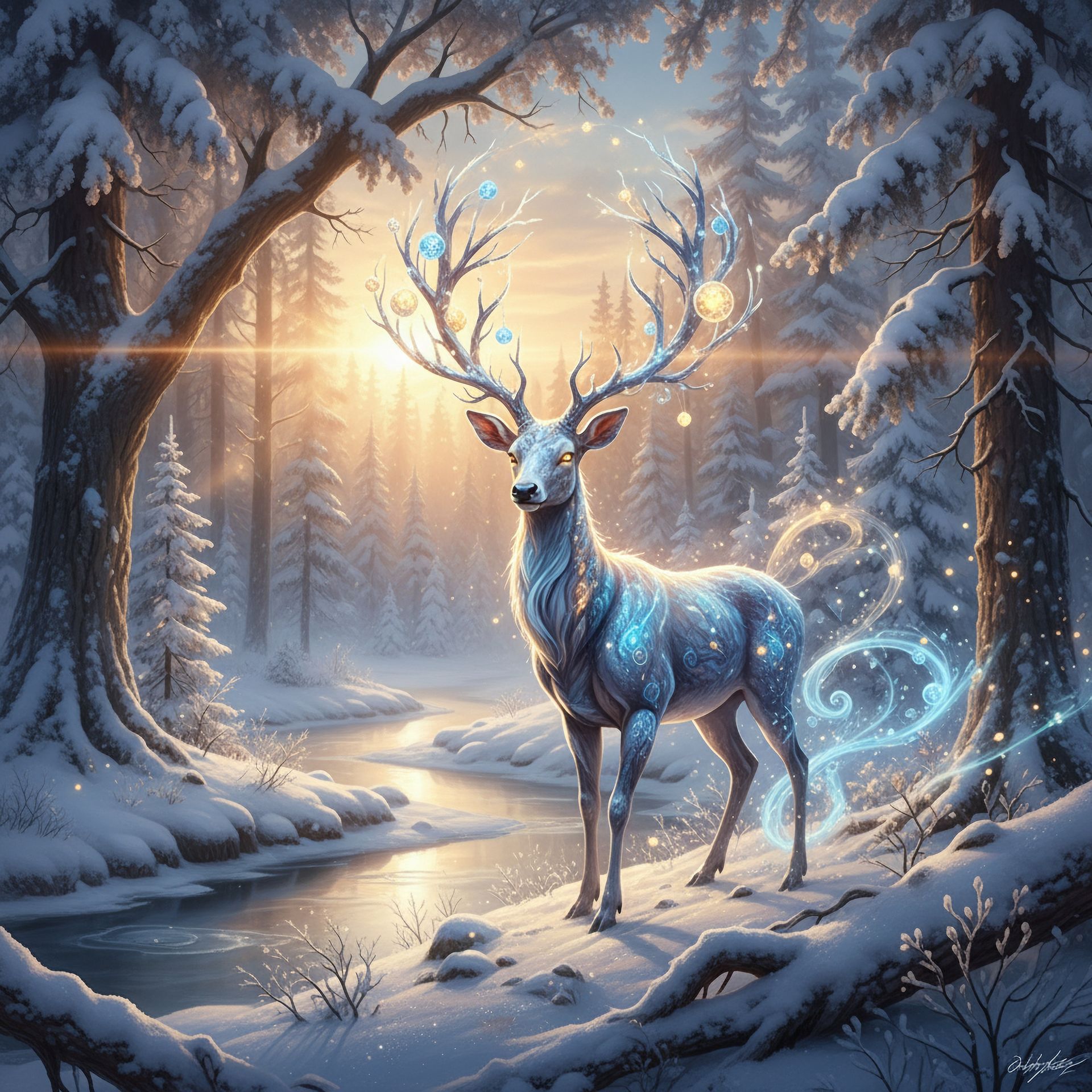 Winter Elemente Elemente des Winters. Hirsch im Schnee.