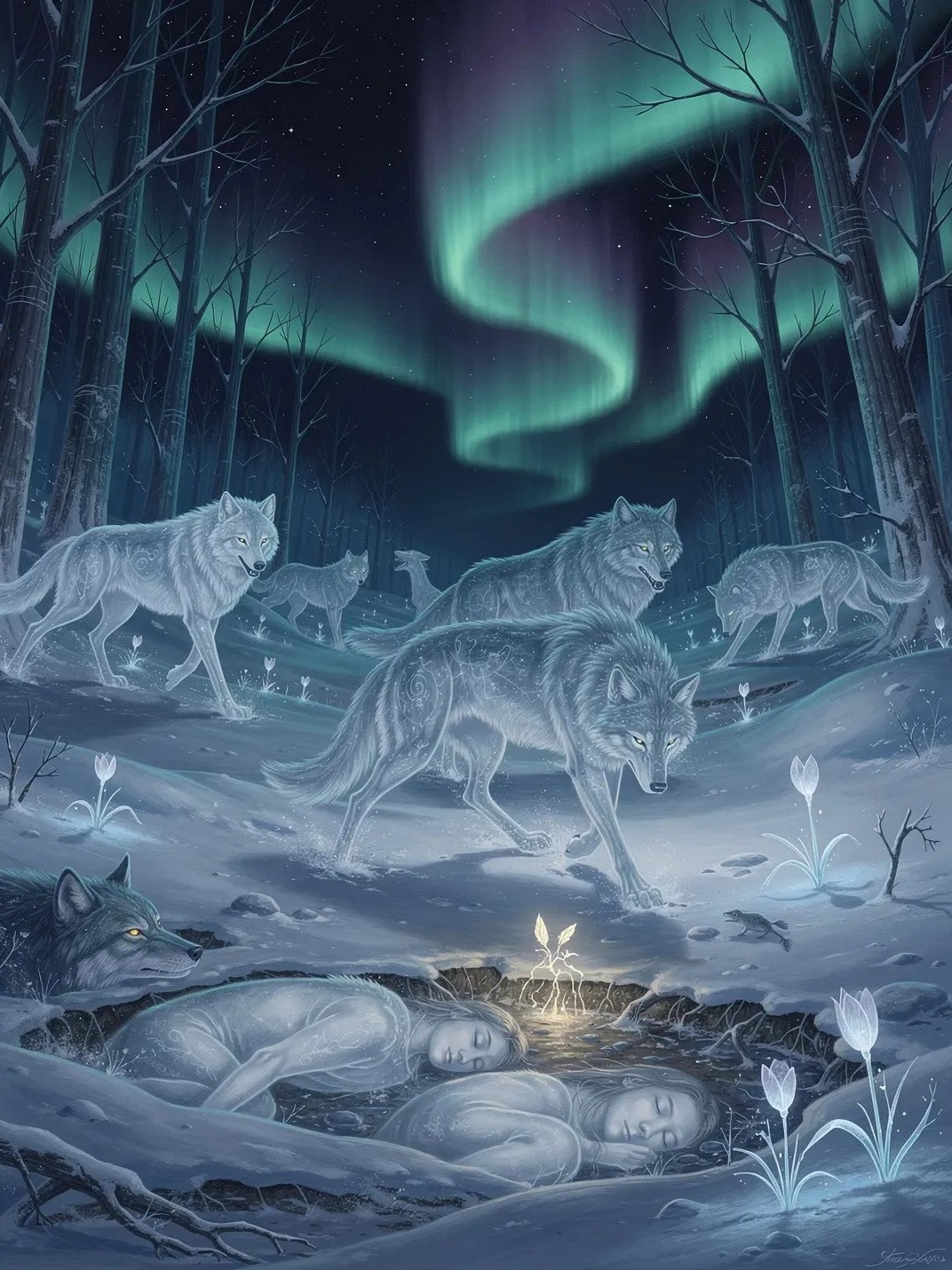 Winterwesen und Elemente Winterwesen und Elemente. Wölfe ziehen über eine Winterlandschaft.