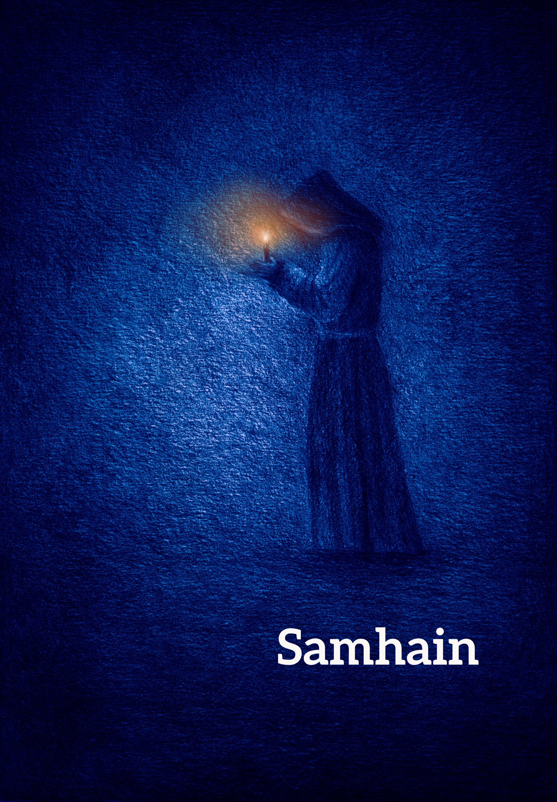 Dunkel gehüllte person mit brennendem Licht in den Händen - Beltane