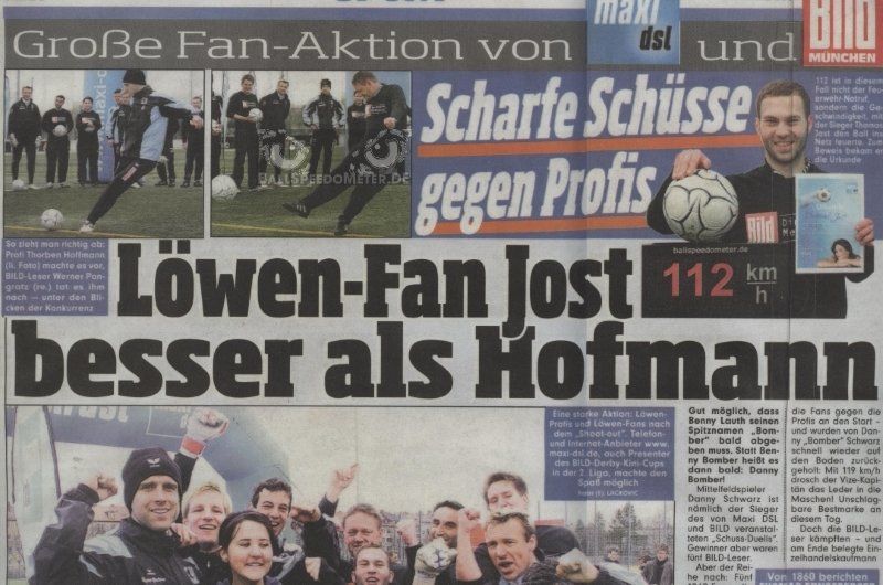 Scharfe Schüsse gegen Profis, Ausschnitt Bild-Zeitung von Geschwindigkeits-Messung mit Radar bei 1860 München