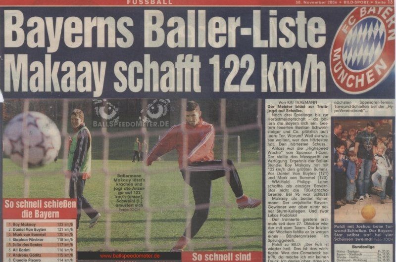 Bayern's Ballerliste, Ausschnitt der Bild-Zeitung, Roy Makaay bei FC Bayern München schießt 122 km/h