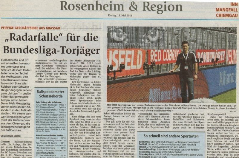 Radarfalle für Bundesliga-Torjäger , Ausschnitt der OVB, Artikel über BallSpeedoMeter.de und Schussrekorde, Toni Bösl in der Allianz Arena für FC Bayern München