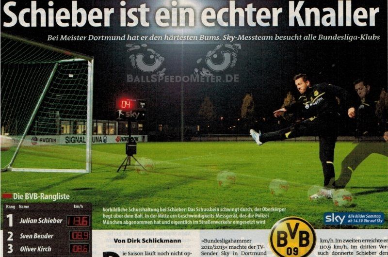 SKY-Messteam in Dortmund, Ausschnitt Artikel der Sportbild, BallSpeedoMeter.de bei BVB Dortmund mit SKY, Julian Schieber Schuss mit 113,6 km/h
