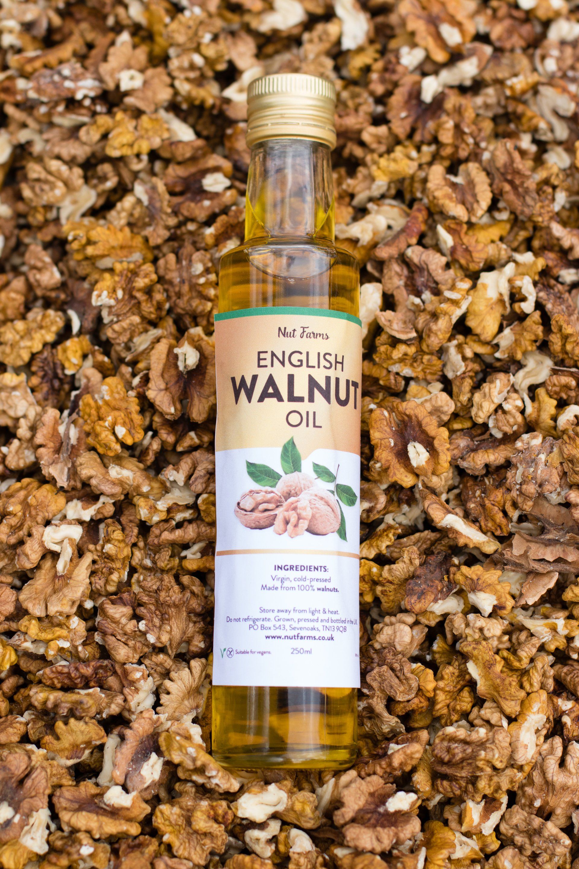 Bottle of walnut oil on walnut kernels