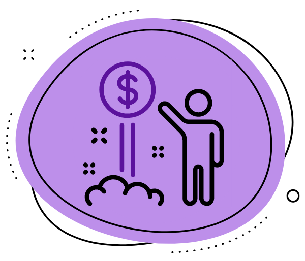Icône rond violet avec pictogramme d'une personne qui fait décoller une pièce de dollar
