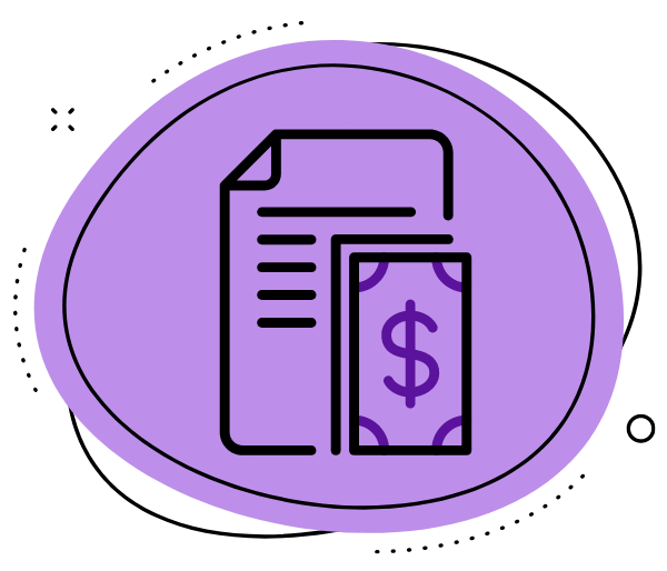 Icône rond violet avec pictogramme d'une feuille et des billets de dollar