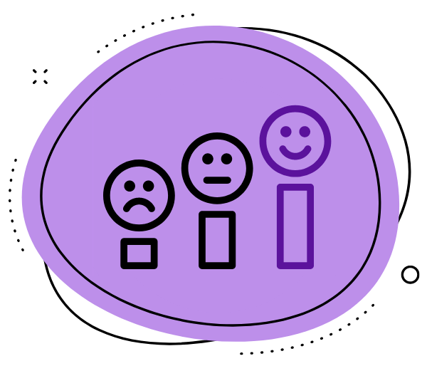 Icône rond violet avec les pictogrammes d'un visage triste, un visage moyen et un visage content.