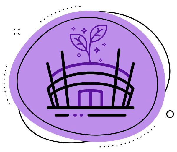 Icône rond violet avec un pictogramme d'une arena et une plante sue le toit