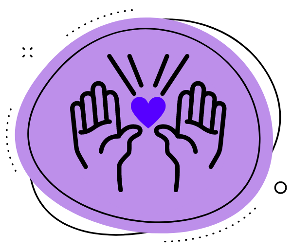 Icône rond violet avec à l'intérieur pictogramme de mains et un coeur bleu au milieu