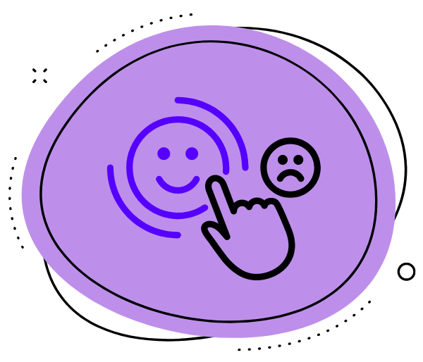 Icône rond violet avec à l'intérieur pictogramme d'un visage content et un visage triste et un doigt qui choisi le visage content