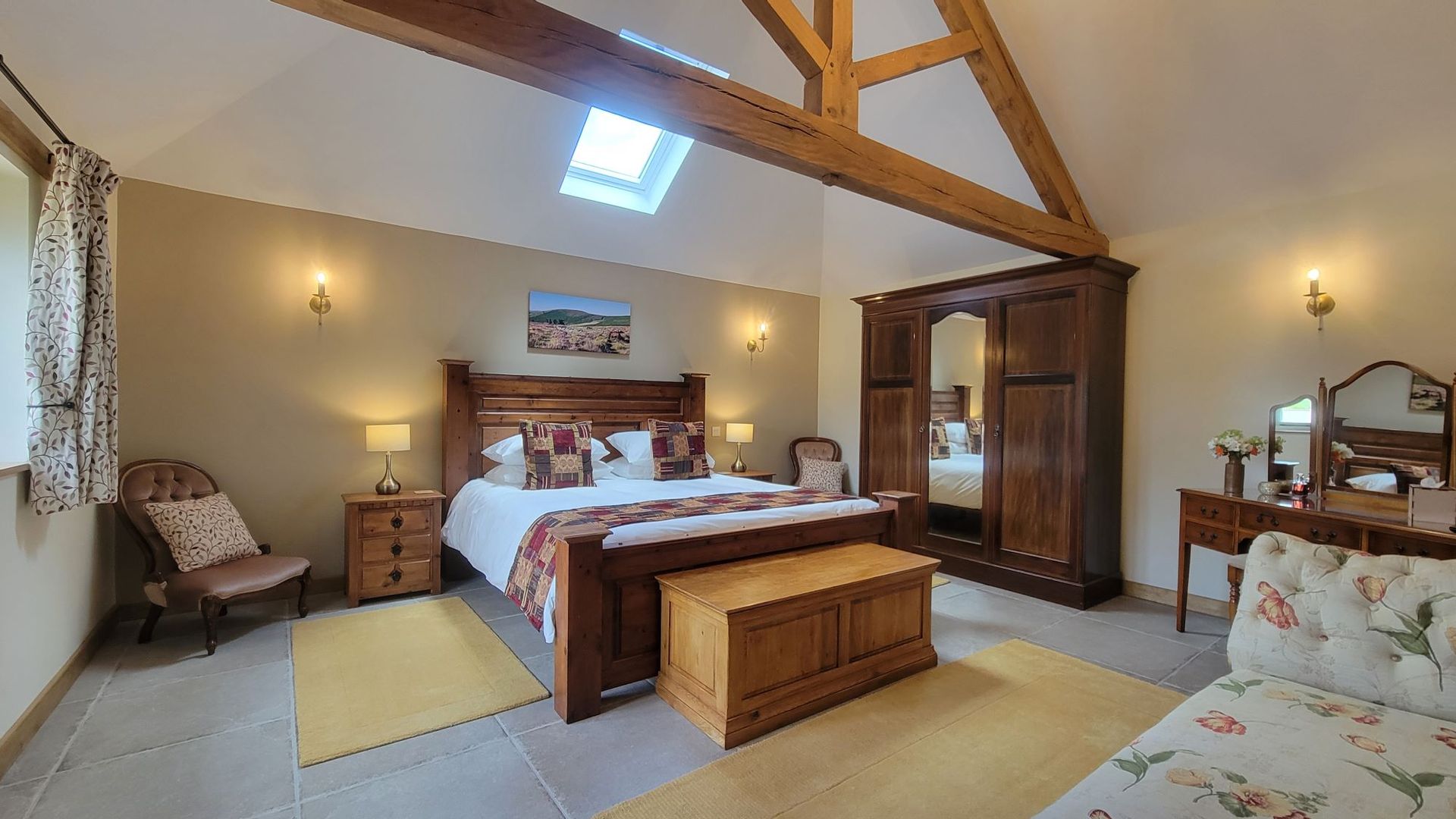 The Old Barn holiday cottage bedroom with superking bed, Higher Kellacott 