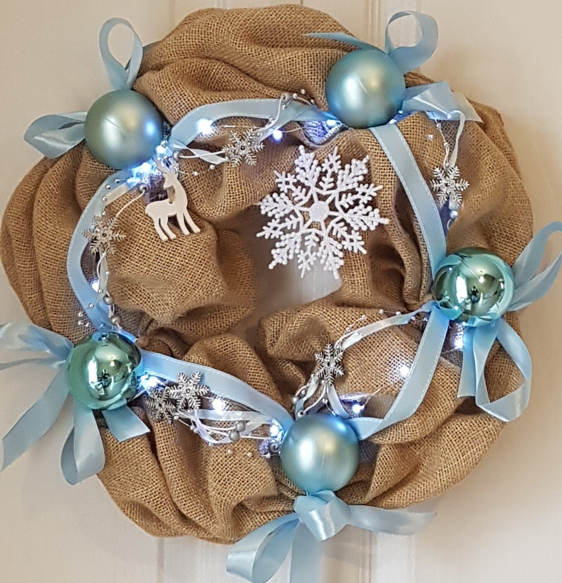 Blue Christmas wreath with led lights - by Interior Boost
