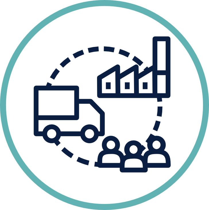 Icono de camión, personas y edificios