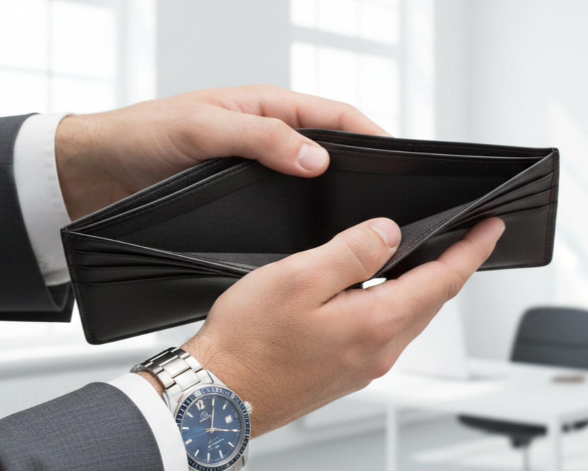 Leere Geldbörse, gehalten von einem Geschäftsmann