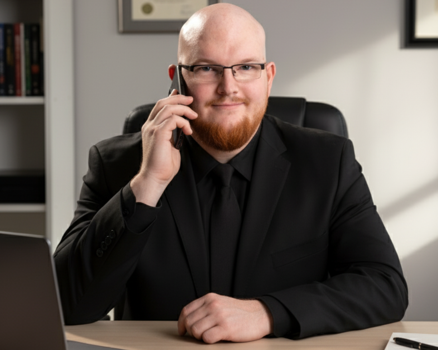 Jens Siol mit Telefon am Ohr an einem Schreibtisch sitzend