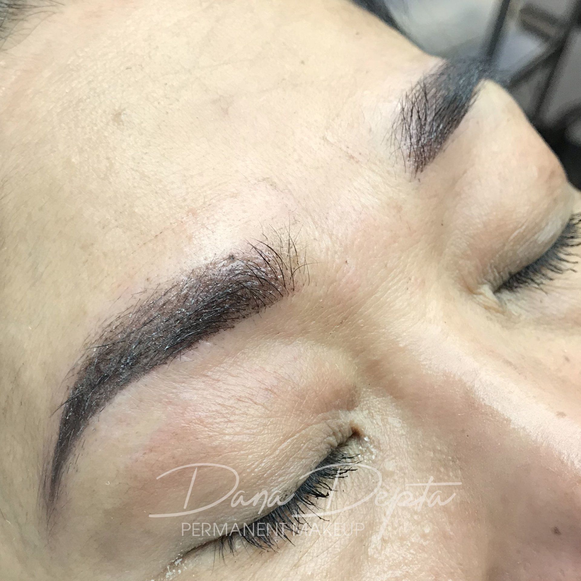 Soft shaded powder brows on Asian lady
