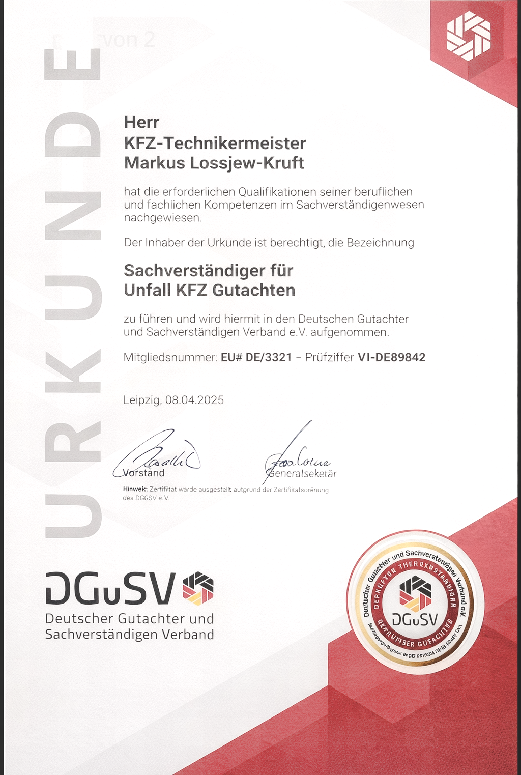 Urkunde des Deutschen Gutachter- und Sachverständigen Verbands (DGuSV) für Markus Lossjew-Kruft als geprüfter KFZ-Sachverständiger