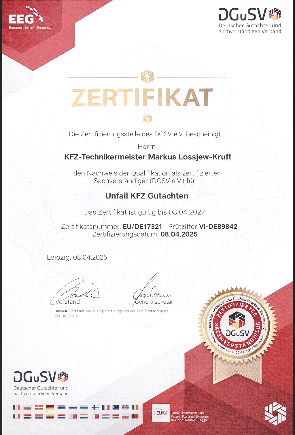 Zertifikat des Deutschen Gutachter- und Sachverständigen Verbands (DGuSV) für Markus Lossjew-Kruft als geprüfter KFZ- Sachverständiger in Eifel-Mosel-Hunsrück