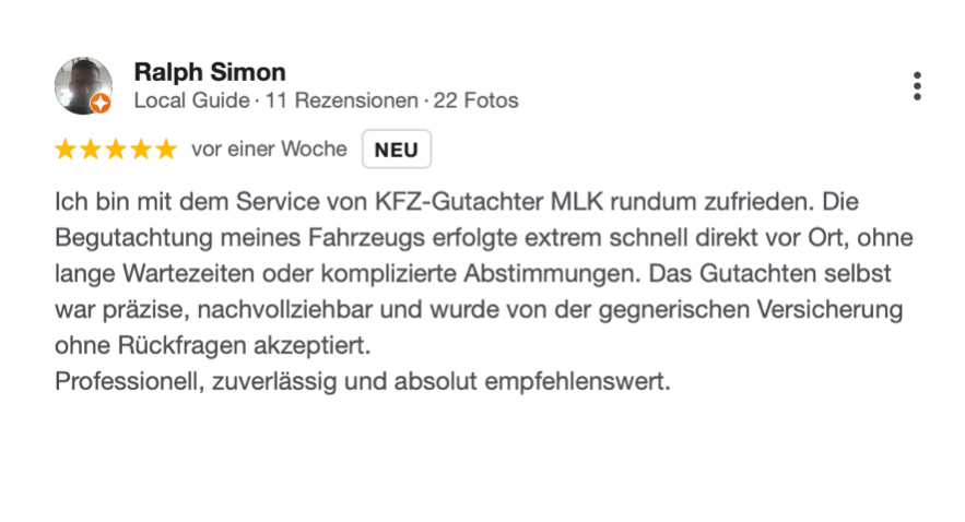 5 Sterne Kundenbewertung für KFZ Gutachter MLK Markus Lossjew-Kruft -Unfallgutachten in Wittlich,Trier und Umgebung