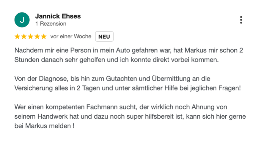 Kundenbewertung für unabhängigen KFZ-Gutachter Markus Lossjew-Kruft-Beweissicherung nach Unfall im Raum Daun Bitburg Wittlich