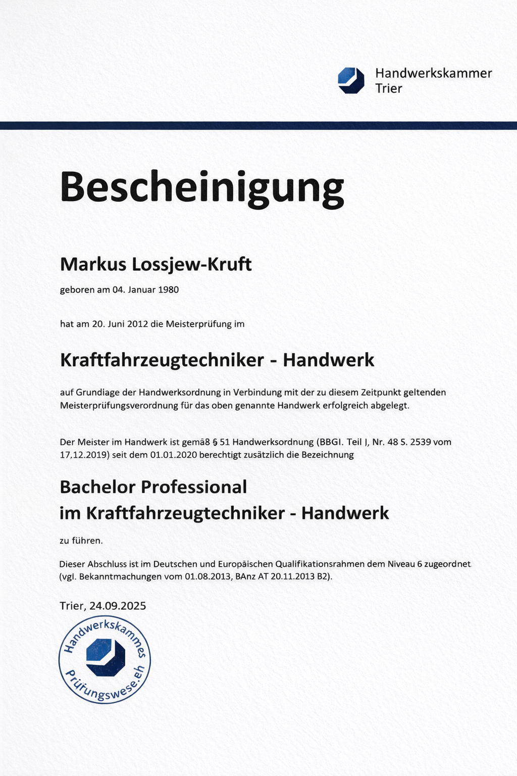 DGuSV- Bescheinigung- zertifizierter Sachverständiger für Unfall KFZ Gutachten- Markus Lossjew-Kruft