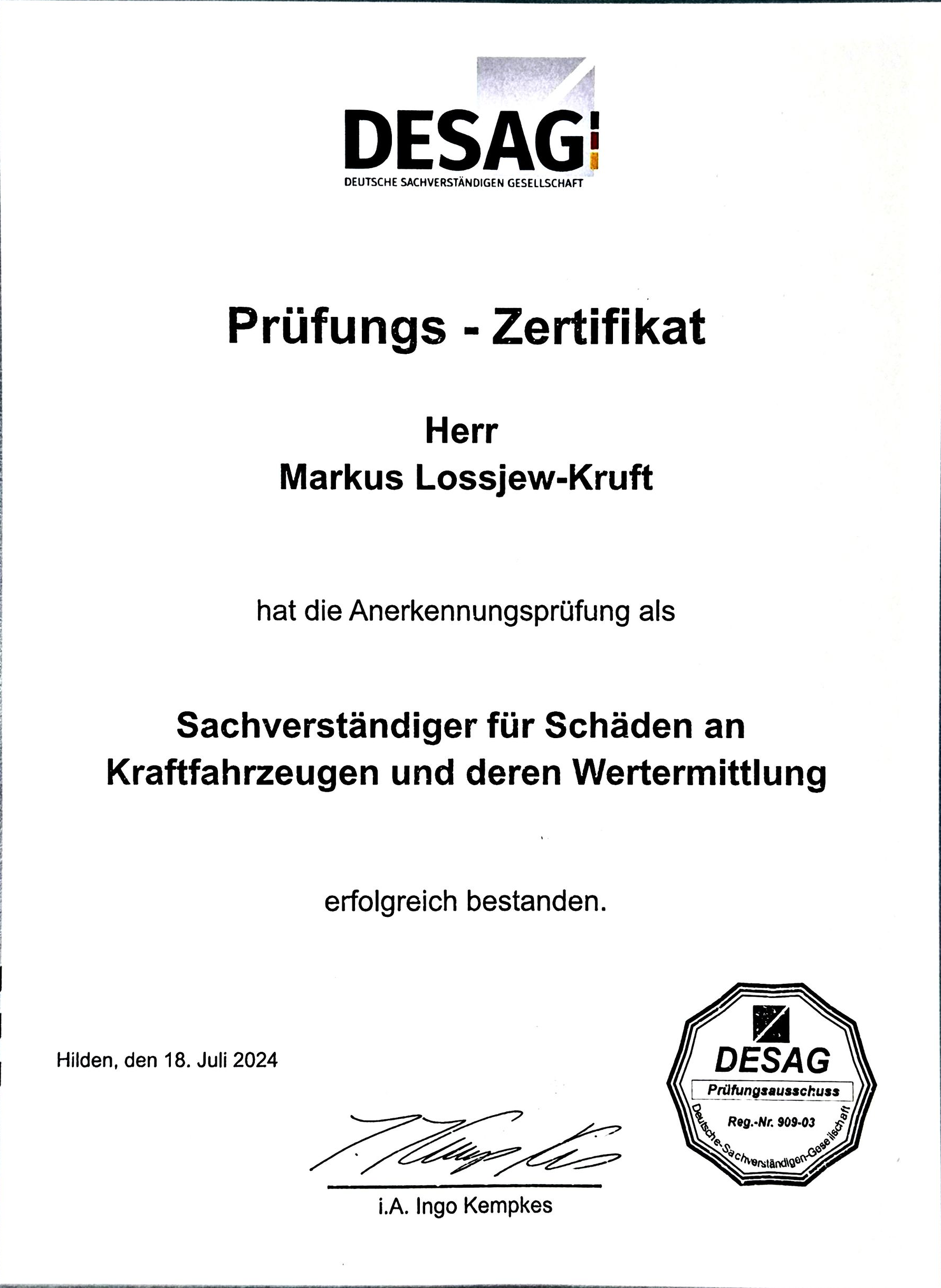DESAG geprüfter KFZ- Gutachter für Unfallschäden und Fahrzeugbewertungen in Eifel-Mosel-Hunsrück