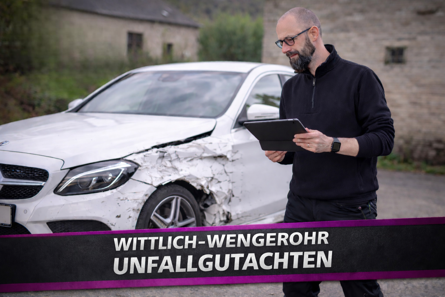 KFZ-Gutachter begutachtet Unfallschaden an weißem Fahrzeug in Wittlich-Wengerohr für unabhängiges KFZ-Unfallgutachten