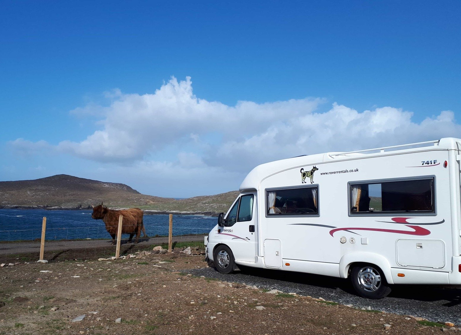 Camper on Harris, Western Isles, with Highland cow