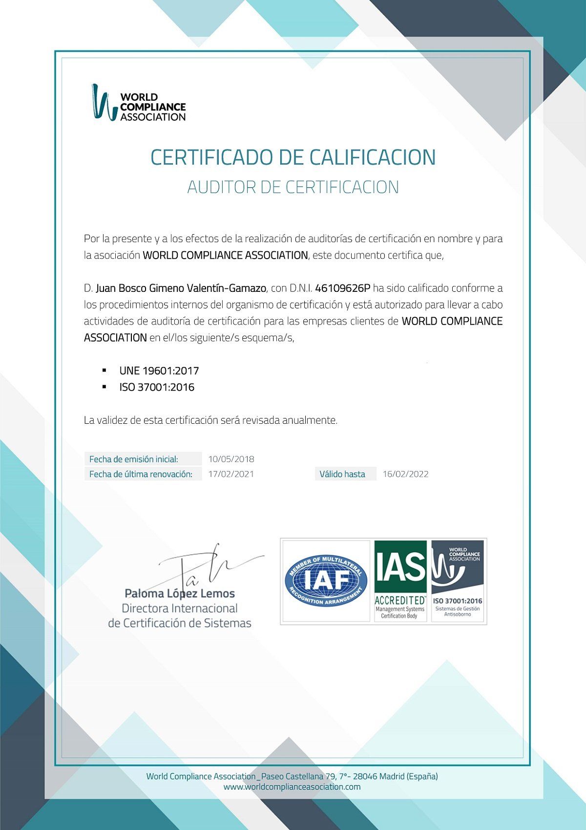 Certificado de Calificación de Auditor WCA