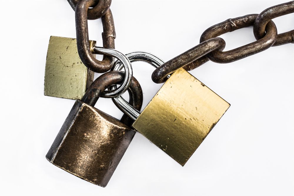 A picture of 3 padlocks on a chain
