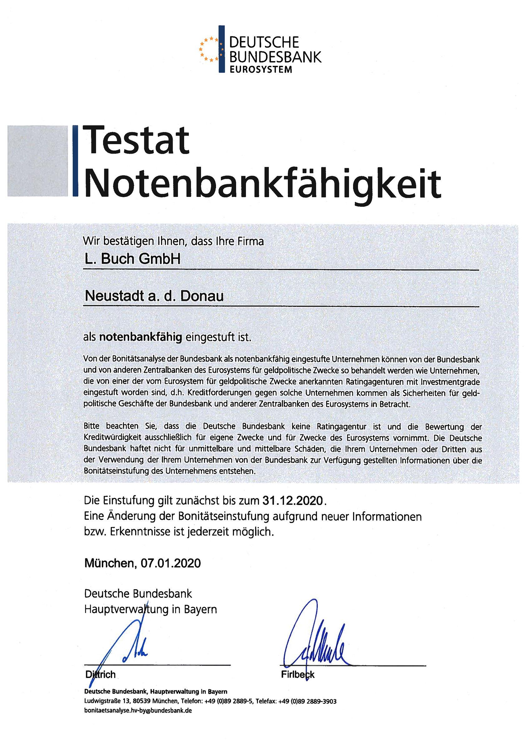 Testat Notenbankfähigkeit