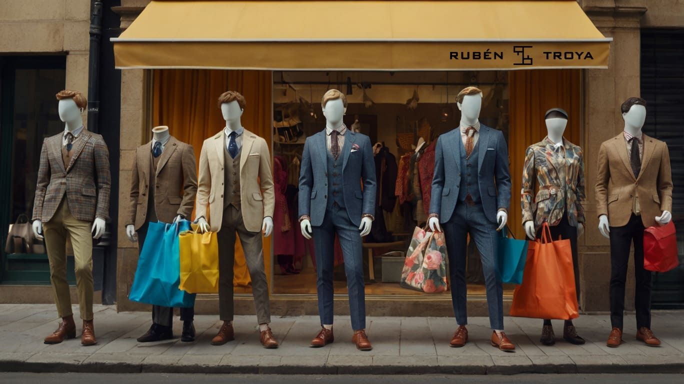 muchos maniquíes de hombre con diferentes looks con chaqueta sport y bolsas de colores en las manos.