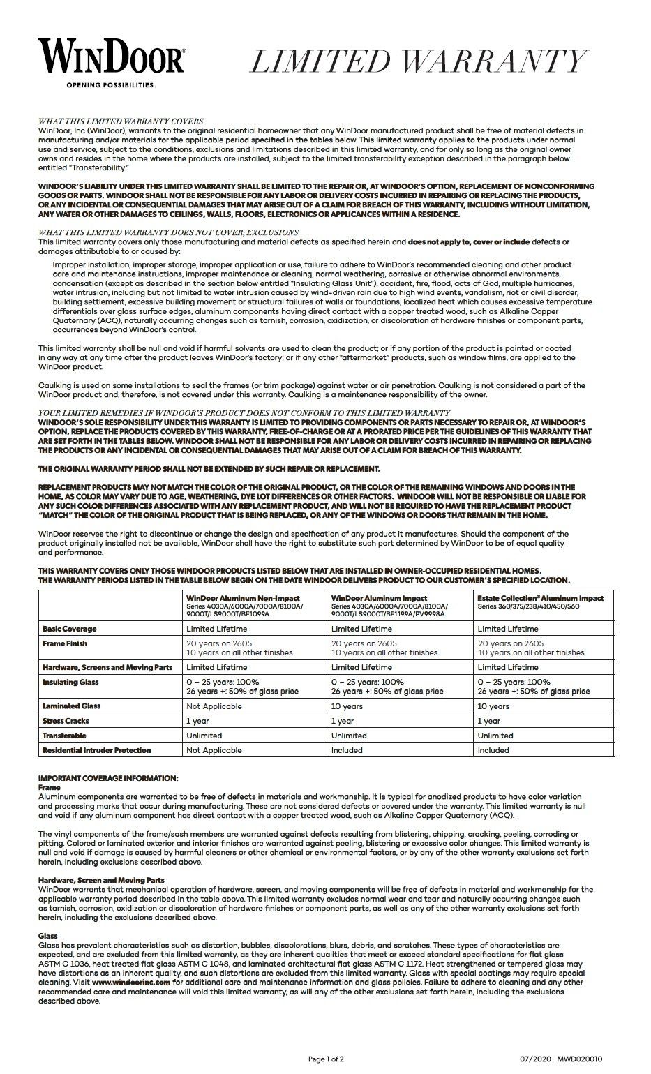 WinDoor Warranty 2020