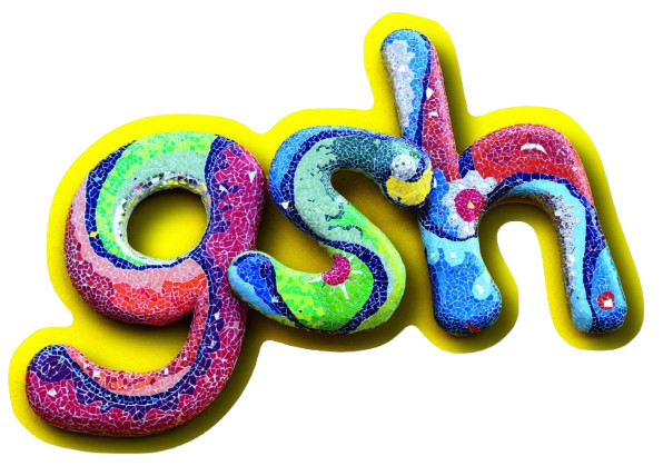 buntes Schullogo in Mosaikoptik bestehend aus den Buchstaben