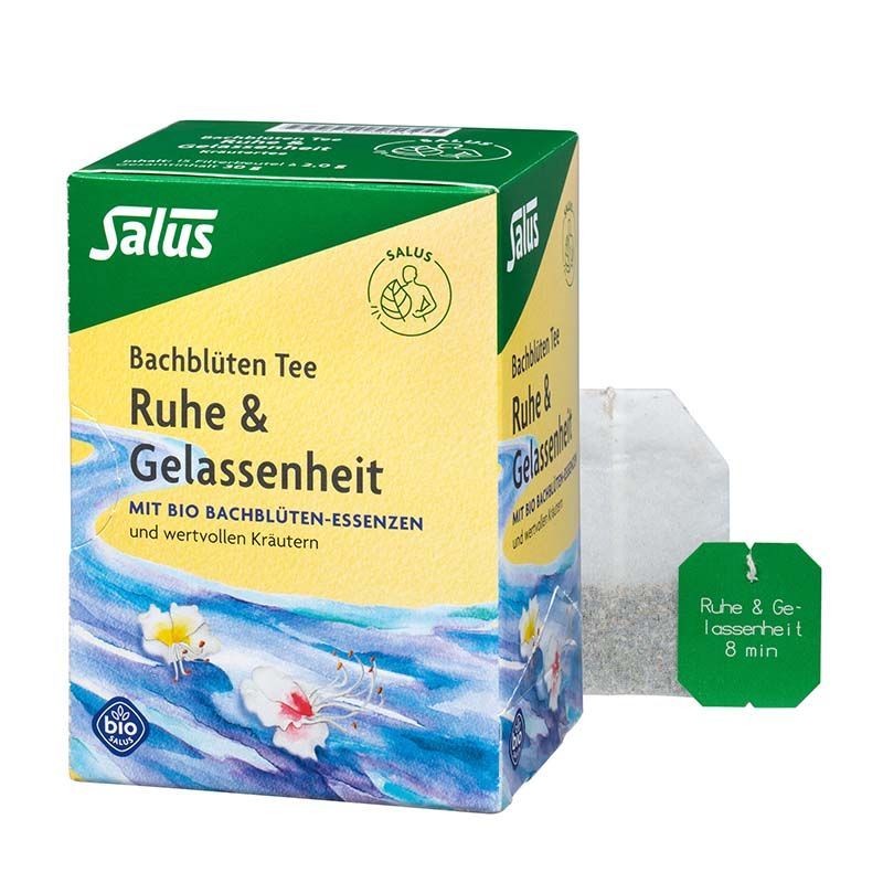 Bachblüten Tee Ruhe & Gelassenheit Packung und Teebeutel