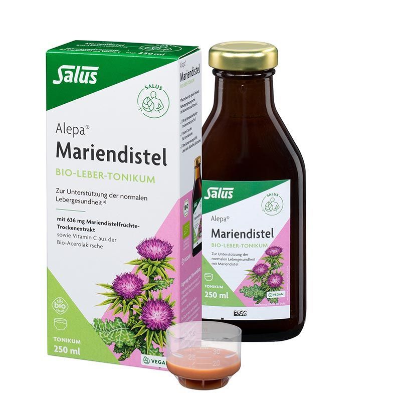 Alepa® Mariendistel BIO-LEBER-TONIKUM Packung mit Flasche und Messbecher