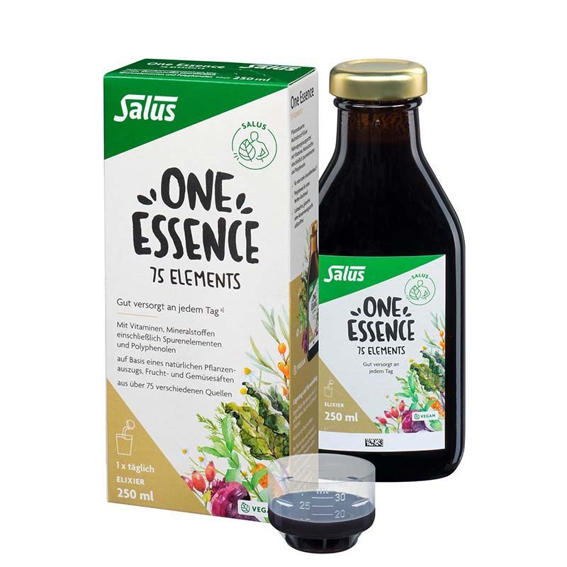 ONE ESSENCE 75 ELEMENTS Packung, Flasche und Messbecher